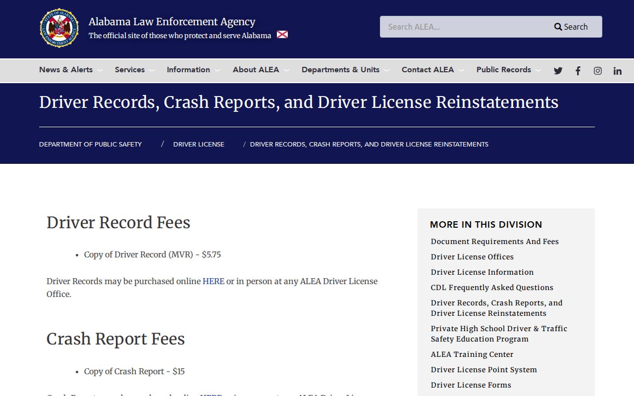 Lamar County traffic court records ALEA driver record and crash report fees